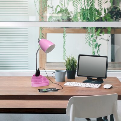 Simple Designs Gooseneck Organizer LED Desk Lamp, 18.50", with iPad Tablet Stand and Charging Outlet, Pink (LD1057-PNK)