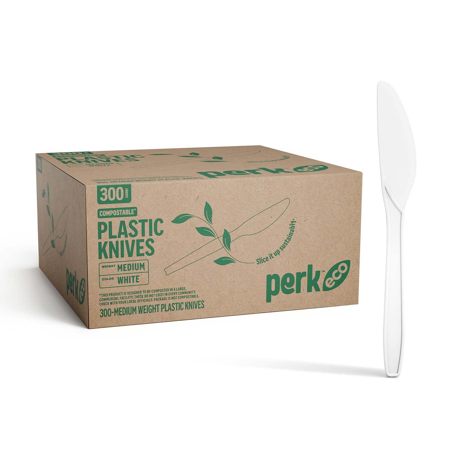Perk™ Eco Compostable PLA Knife, Medium-Weight, White, 300/Pack (PK56199)