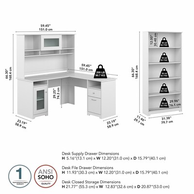 Bush Furniture Cabot 60"W L Shaped Computer Desk with Hutch and 5 Shelf Bookcase, White (CAB011WHN)