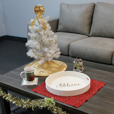 Elegant Designs "Believe" Decorative 13.75" Round Wood Serving Tray w/ Handles, White Wash (HG2013-WBV)
