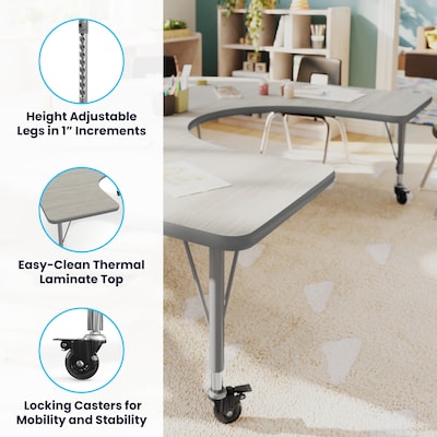Flash Furniture Wren Horseshoe Activity Table, 66" x 60", Height Adjustable, Light Gray Top/Silver Frame (XUA6066HRSLGTPC)