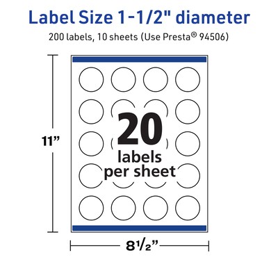 Avery TrueBlock Laser/Inkjet Round Multipurpose Labels, 1.5" Dia., White, 20 Labels/Sheet, 10 Sheets/Pack (94506-TWMP10)
