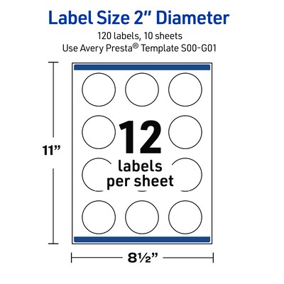 Avery Round Laser/Inkjet Multipurpose Labels, 2", White, 120/Pack (19479371107)