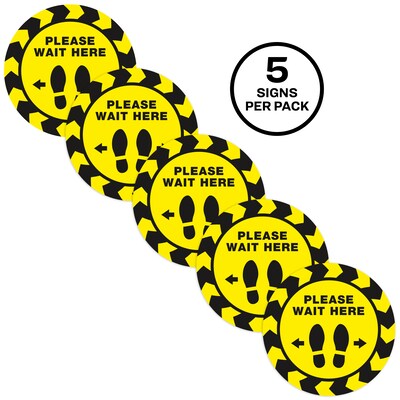 Avery Directional "Please Wait Here" Preprinted Floor Decals, 10.5" Diameter, Yellow/Black, 5/Pack (83020)