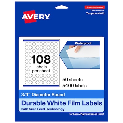 Avery Round Laser/Inkjet Multipurpose Labels, White, 108 Labels/Sheet, 50 Sheets/Pack (19479311241)