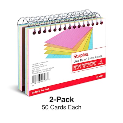 Staples™ 3" x 5" Index Cards, Lined, Neon, 50 Cards/Pack, 2 Packs/Carton (TR50994)
