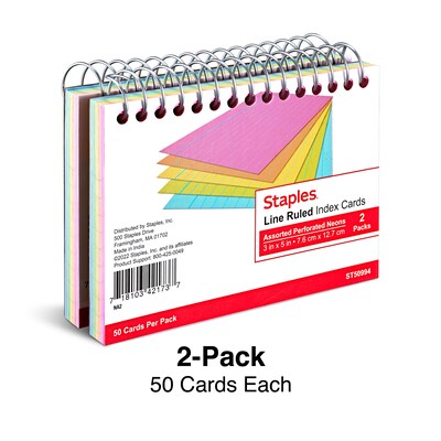 Staples™ 3 x 5 Index Cards, Lined, Neon, 50 Cards/Pack, 2 Packs/Carton (TR50994)