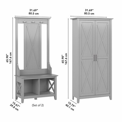 Bush Furniture Key West 66" Entryway Storage Set with Hall Tree, Shoe Bench and Tall Cabinet, Cape Cod Gray (KWS057CG)