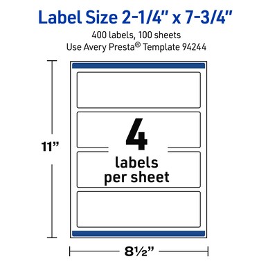 Avery Rectangle Laser Multipurpose Labels, 2.25" x 7.75", White, 400/Box (19479399319)