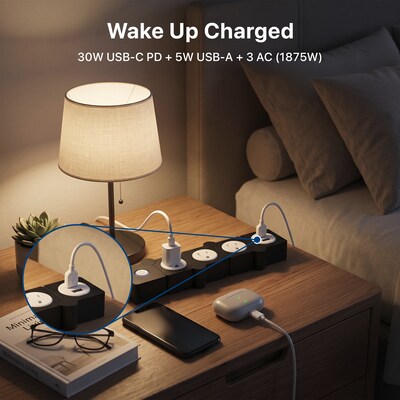 Uncaged Ergonomics Flexible  5' Extension Cord, 3-Outlet, USB-C/A Port, 14 AWG, Black, 2/Pack (2xFPS-Black)