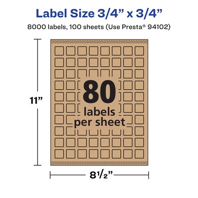 Avery Laser/Inkjet Square Multipurpose Labels, 3/4" x 3/4", Kraft Brown, 8000 Labels/Box ( 94102)