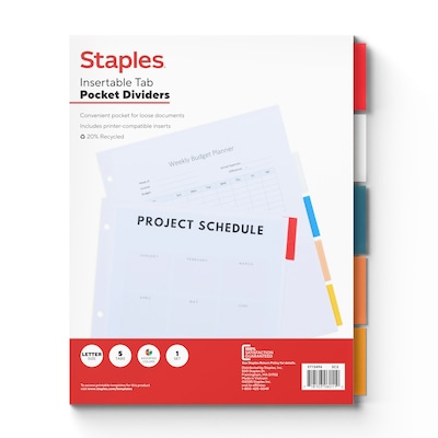 Staples Insertable Paper Dividers, 5-Tab, Customizable Binder Dividers for Office & School
