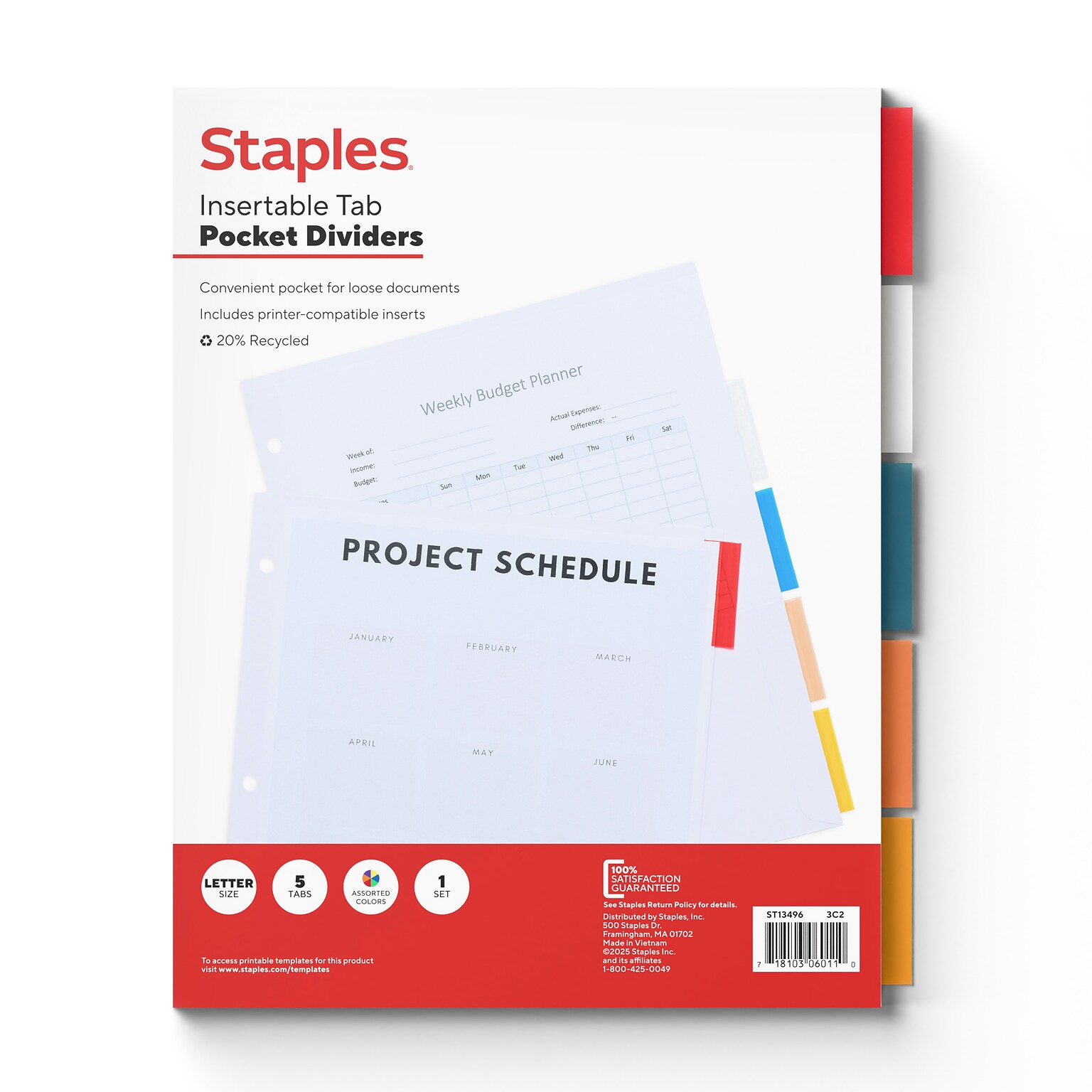 Staples Insertable Paper Dividers, 5-Tab, Customizable Binder Dividers for Office & School