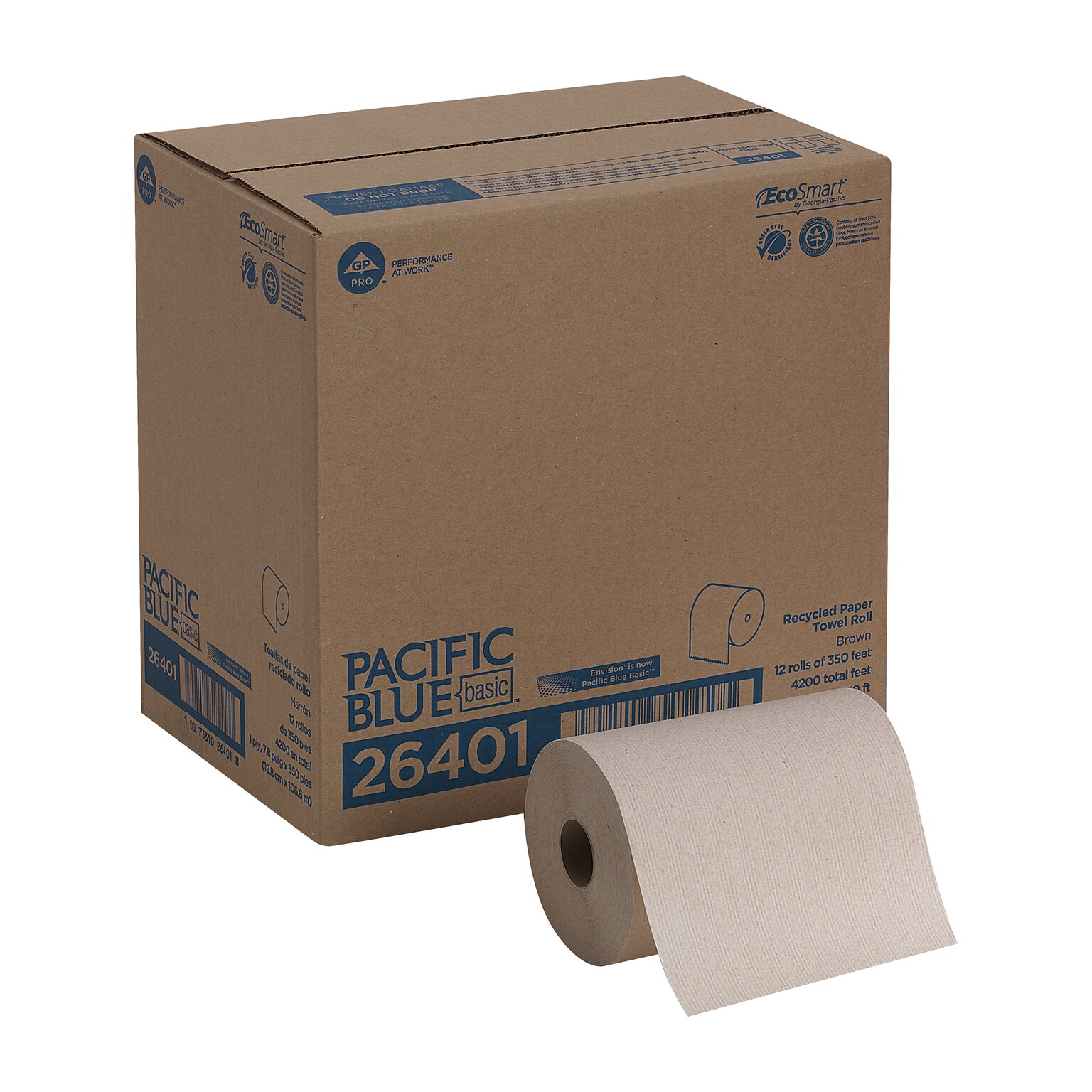 Pacific Blue Basic Recycled Hardwound Paper Towels, 1-ply, 580 ft./Roll, 12 Rolls/Carton (26401)