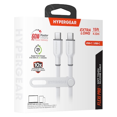 HyperGear Flexi Pro USB-C to USB-C Soft-Touch Silicone Fast Charge and Sync Cable, 15 ft., White (16054)