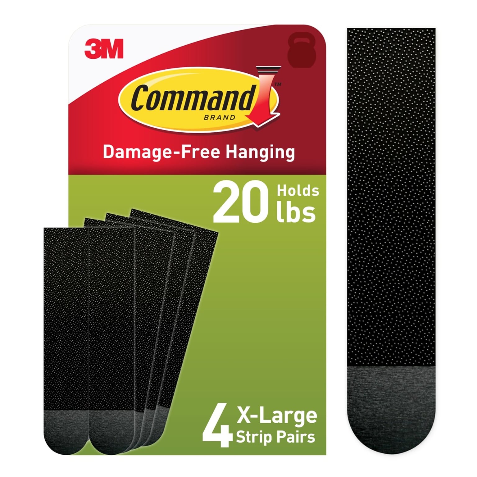 Command Damage Free Extra Large Hanging Strip, 20 lbs., Black, 4/Pack (17217BLK-ES)