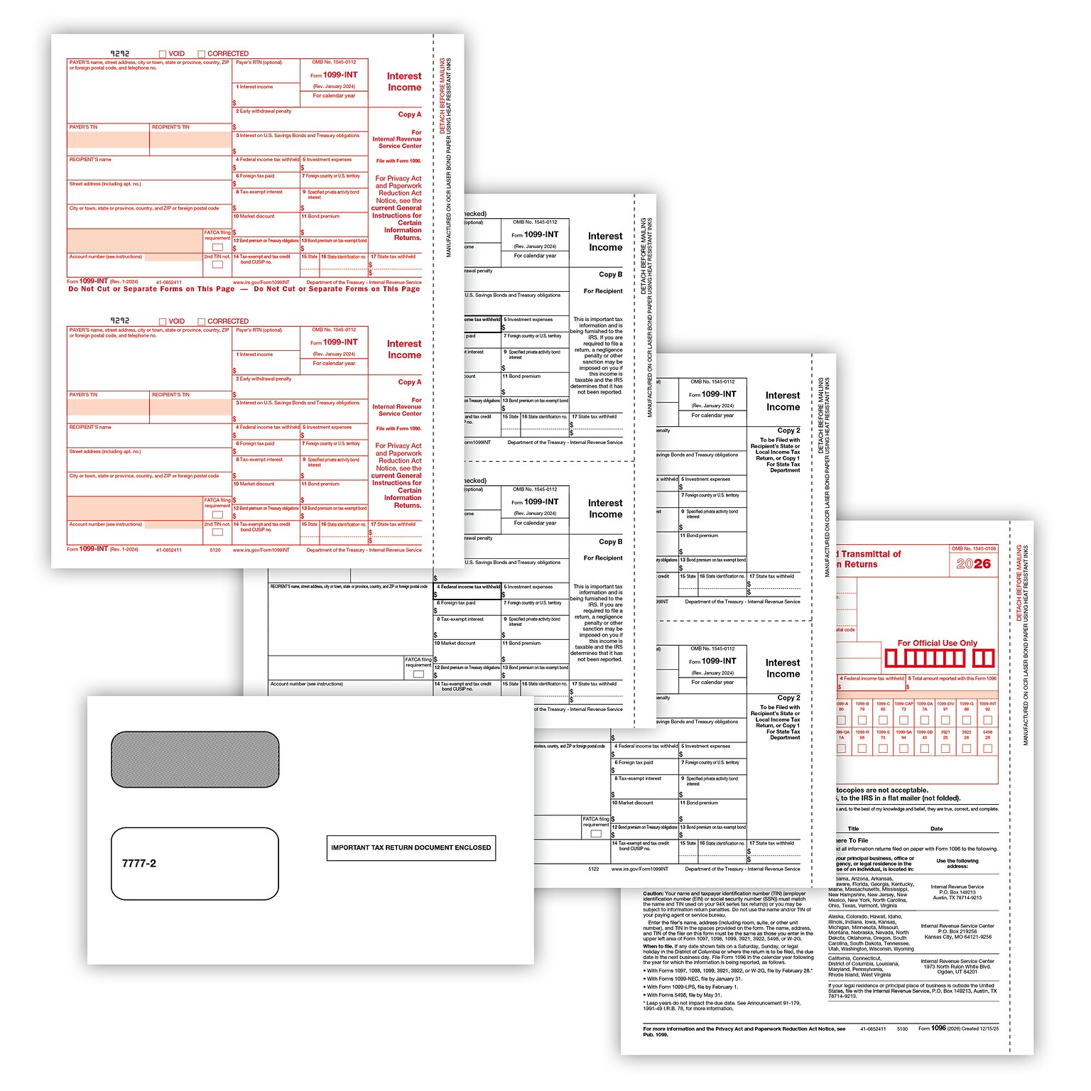ComplyRight 2026 1099-INT Tax Form Envelopes, 4-Part, 2-Up, Copies A, B, C, 10/Pack (6106E10)
