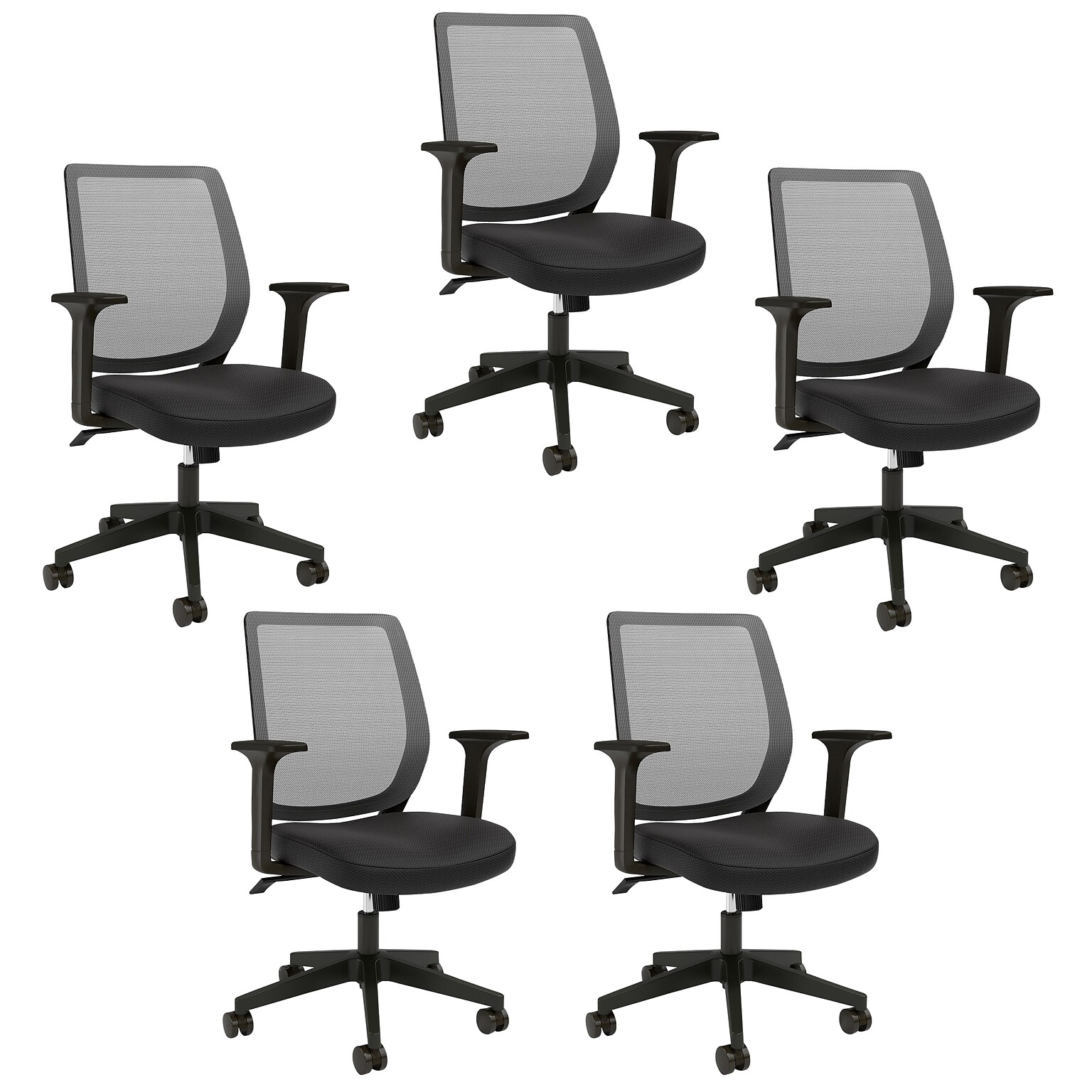 Staples Essentials Ergonomic Fabric Swivel Task Chair, Black, 5/Pack
