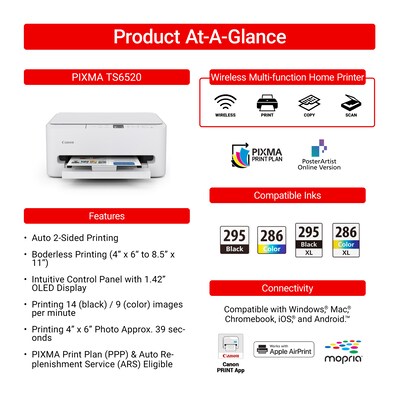 Canon PIXMA TS6520 Wireless Color All-In-One Inkjet Printer, Best for Home (7179C002)