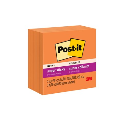 Post-it Super Sticky Notes, 3 x 3, Neon Orange, 90 Sheet/Pad, 5 Pads/Pack (654-5SSNO)