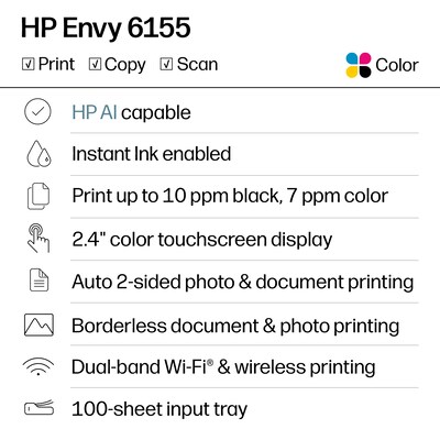HP Envy 6155 Wireless Color All-in-One Printer, Scan, Copy, 3 Months Free Instant Ink, AI Enabled (C2WR7A)