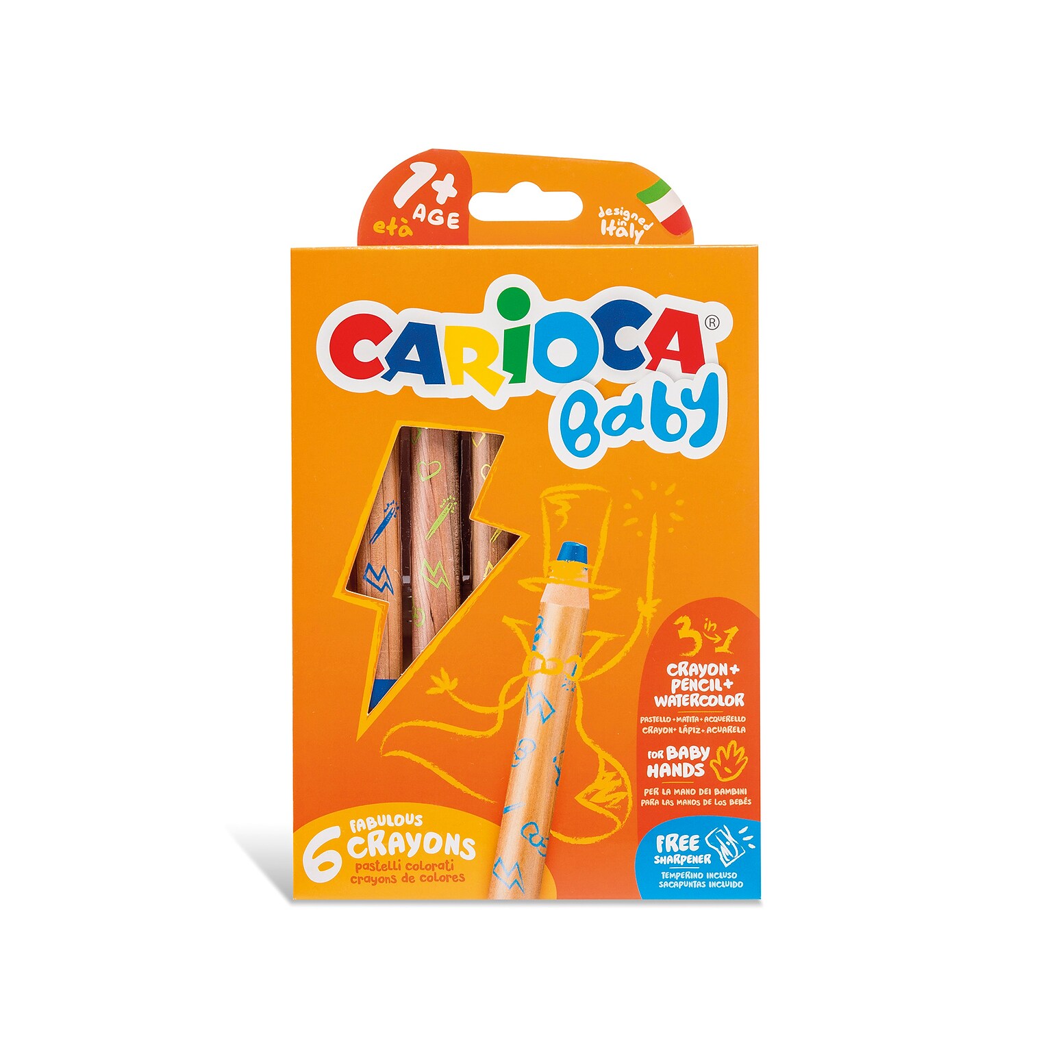 CARIOCA Baby 3-in-1 Washable Sharpener Crayon, Assorted Colors, 6/Set (CRA42817)