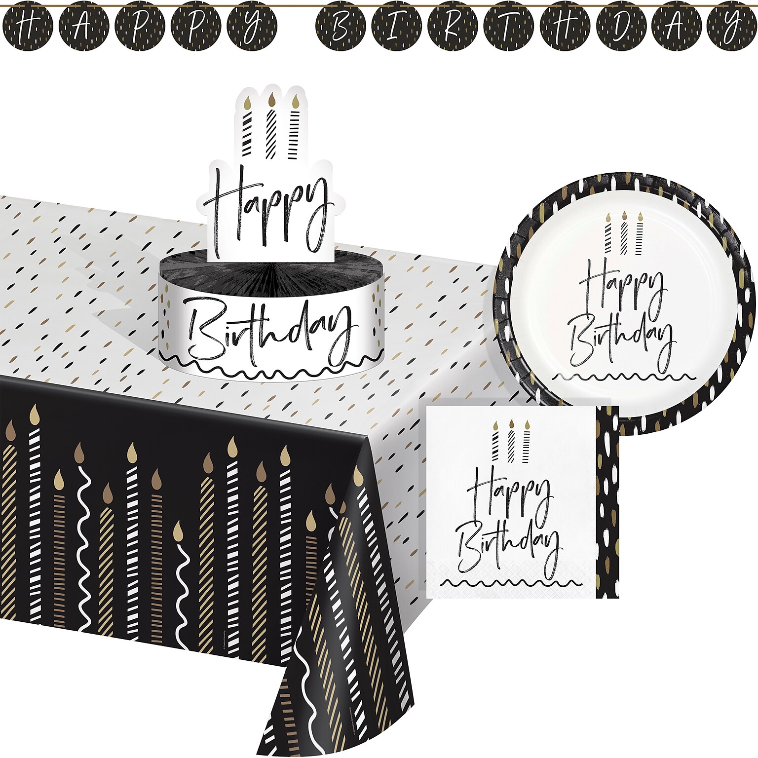 Creative Converting Golden Wishes Birthday Party Kit, Black/Gold, Serves 8 (DTC9506E4A)