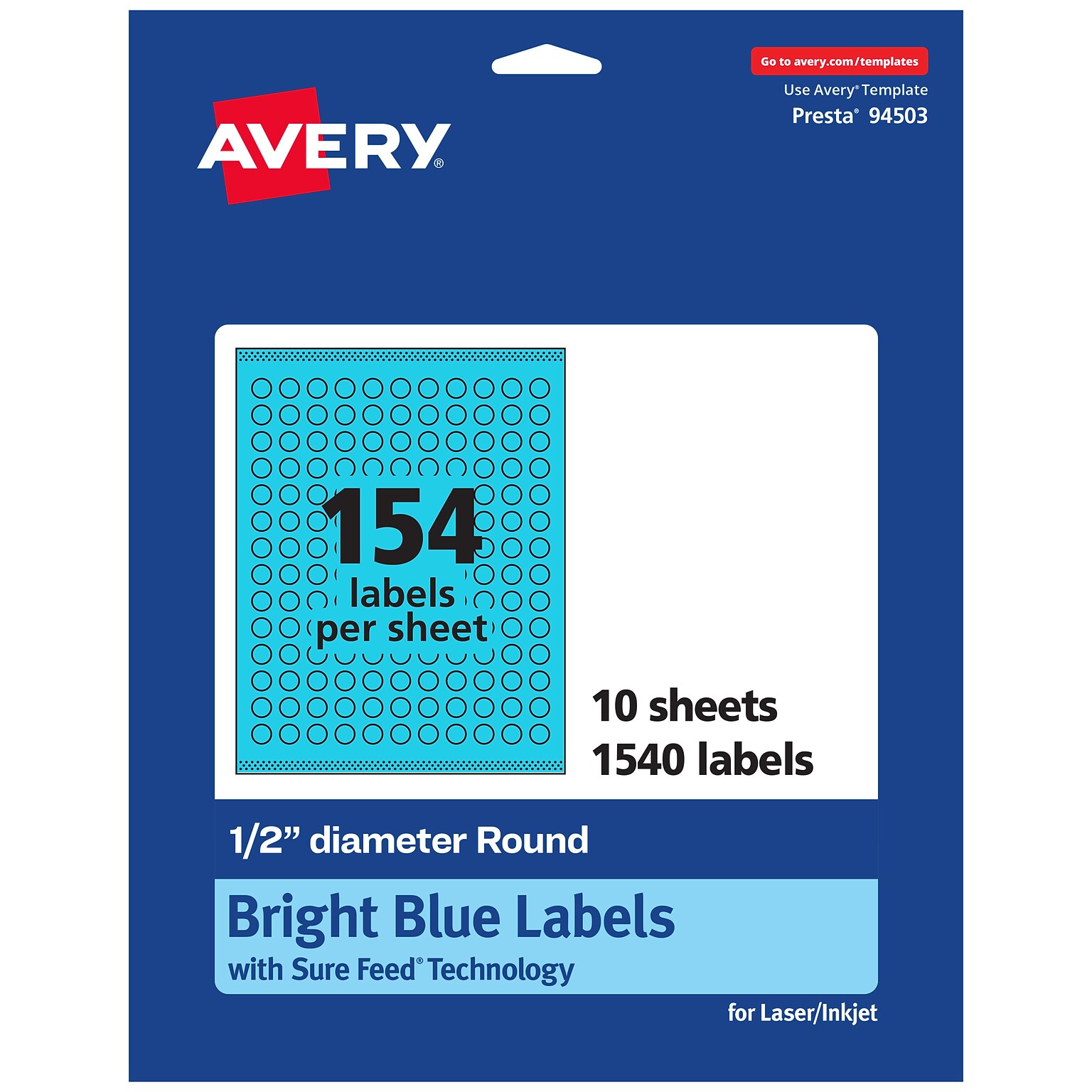 Avery Laser/Inkjet Multipurpose Circle Labels, 0.5 Dia., Bright Blue, 1540/Pack (94503)