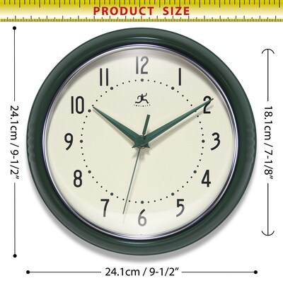 Infinity Instruments Round Retro Hunter Green Wall Clock, Aluminum, 9.5" (10940HG)