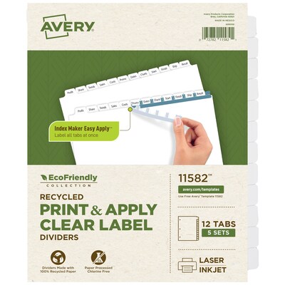Avery Index Maker EcoFriendly Paper Dividers with Print & Apply Label Sheets, 12 Tabs, White, 5 Sets/Pack (11582)