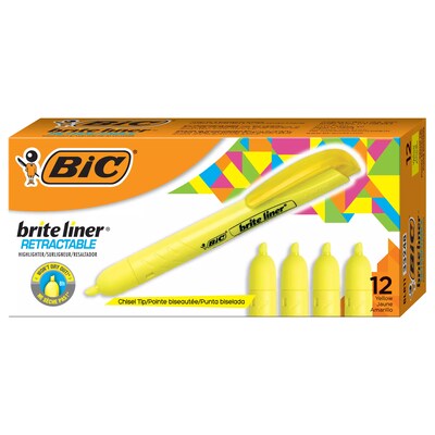 BIC Brite Liner Retractable Highlighter with Grip, Chisel Tip, Yellow, Dozen (BLR11-YW)