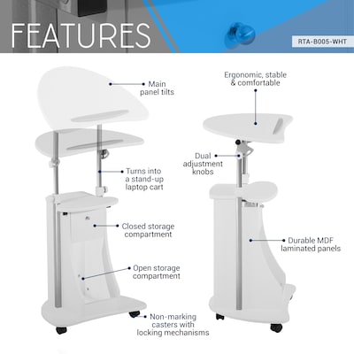 Techni Mobili 22"W Manual Adjustable Standing Laptop Cart, White (RTA-B005-WHT)