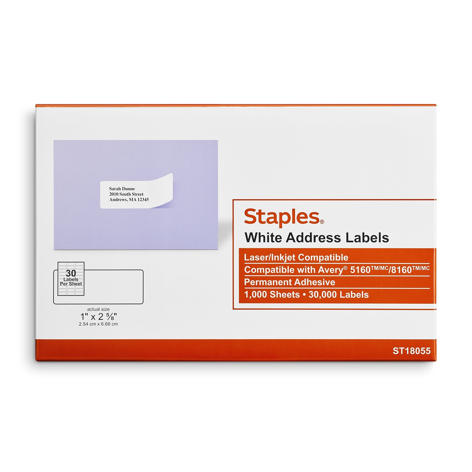 Staples® Laser/Inkjet Address Labels, 1 x 2 5/8, White, 30 Labels/Sheet, 1000 Sheets/Pack, 30,000 Labels/Box (ST18055-CC)