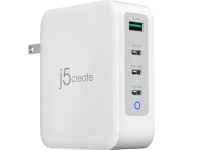 j5create 130W GaN USB-C 4-Port Charger for Laptops, Tablets, and Mobile Devices, White (JUP43130)