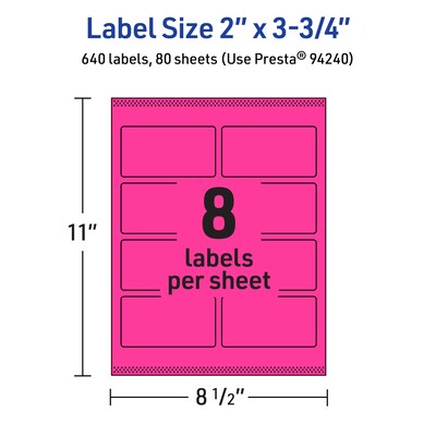 Avery Laser/Inkjet Rectangle Multipurpose Labels, 2" x 3.75", Neon Magenta, 640/Box (94240)