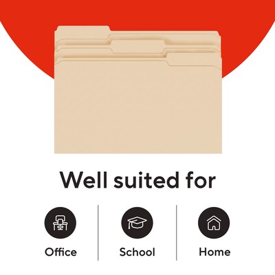 Staples File Folders, Legal Size, 1/3-Cut Tabs, Assorted Positions, Manila, Durable Paper Stock, 50/Pack