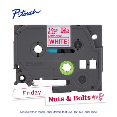 Brother P-touch Laminated Label Tape, ~1/2" x 26.2', Red on White (TZe232)