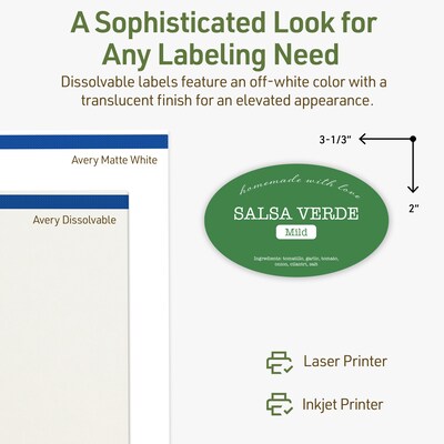 Avery Dissolvable Oval Multipurpose Labels, 2" x 3-1/3", Off-white, 200/Pack (94056)