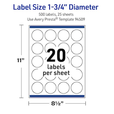 Avery Round Laser Multipurpose Labels, 1.75" Dia., White, 500/Pack (19479399437)