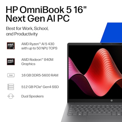 HP OmniBook 5 16 Laptop, Copilot+ PC, AMD Ryzen AI 5 430, 16GB RAM, 512GB SSD, +19 Hour Battery, Windows 11 Home
