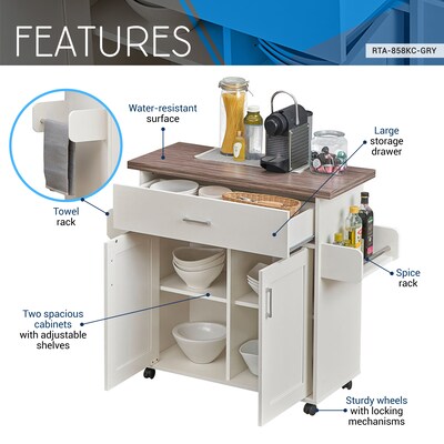 Techni Home Deluxe Mobile Kitchen Island Cart with Water Resistant Top, Storage Cabinets with Adjustable Shelves, and Spice Rack