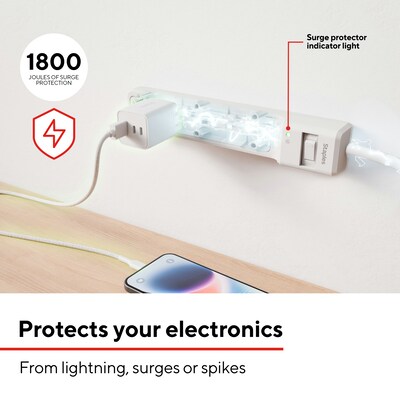 Staples TECH 6-Outlet Surge Protector, 4', 1800 Joules, White (ST62765)