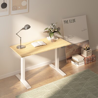 FlexiSpot E7COMMERCIAL 55''W Electric Height Adjustable Standing Desk, Bamboo/White (E7WCOM5528-LBZB)