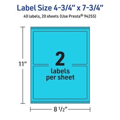 Avery Printable Rectangle Multipurpose Labels, 4.75" x 7.75", Bright Blue, 40/Pack (94255)