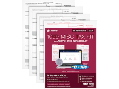 Adams 2024 1099-MISC Tax Form with e-files and Access to Adams Tax Forms Helper, 4-Part, 2-Up, Copy