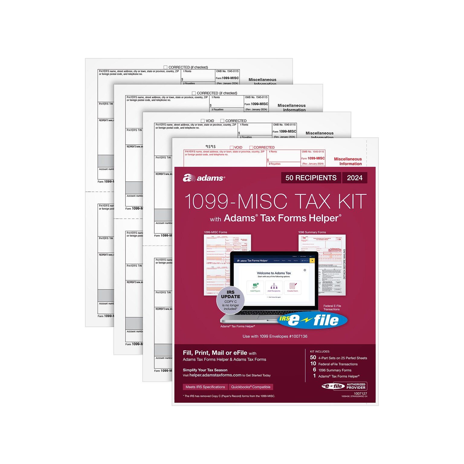 Adams 2024 1099-MISC Tax Form with e-files and Access to Adams Tax Forms Helper, 4-Part, 2-Up, Copy A, 1, B, 2, 50/Pack