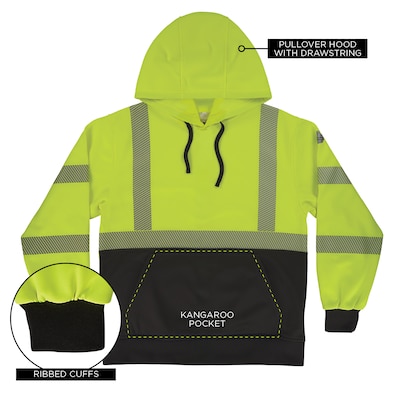 Ergodyne GloWear 8317BK High Visibility Long Sleeve Black Bottom Hooded Sweatshirt, ANSI Type R, Class 3, Lime, 2XL (22976)