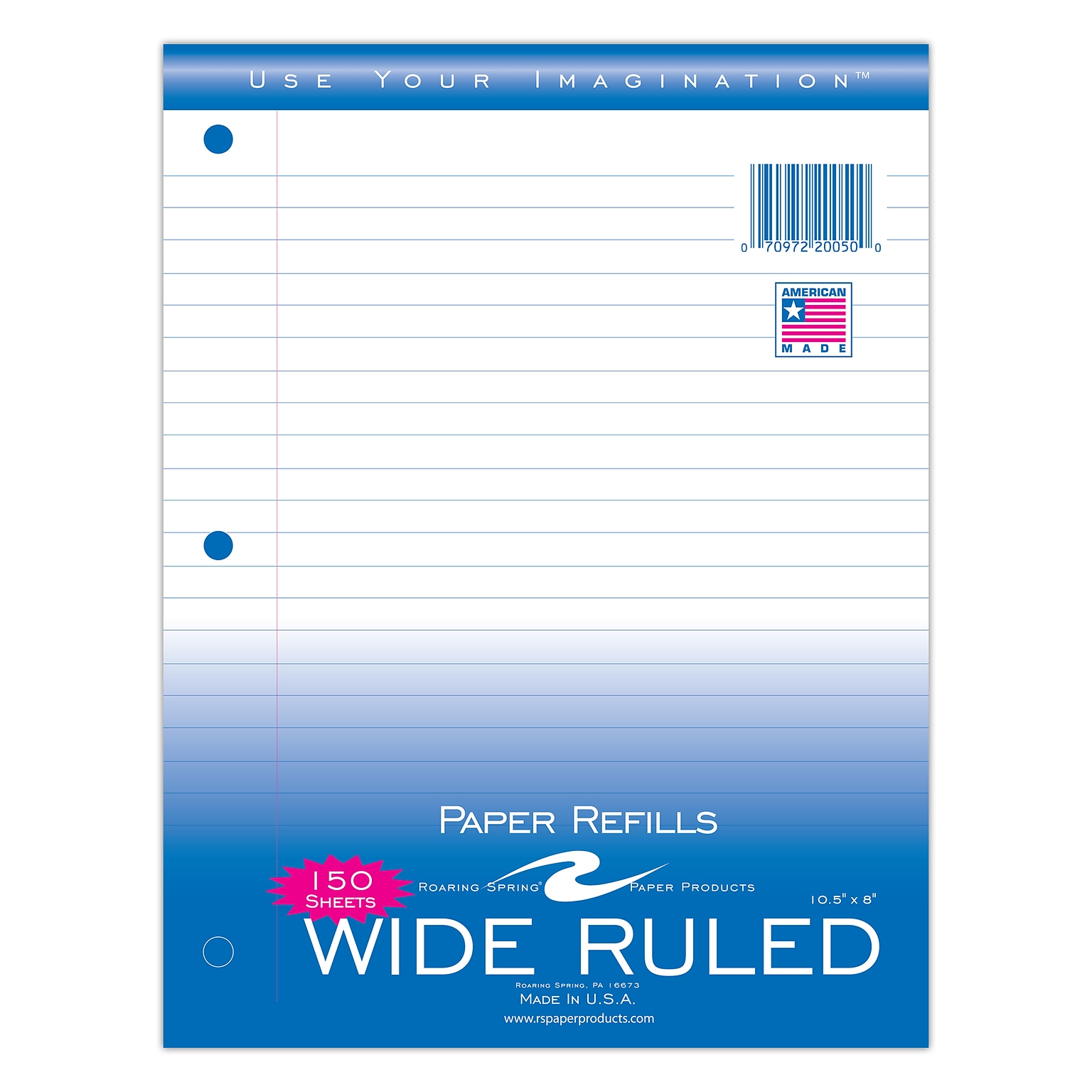 Roaring Spring Paper Products Wide Ruled Filler Paper, 8 x 10.5, 3-Hole Punched, 150 Sheets/Pack, 24/Case (20050CS)