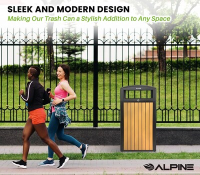 Alpine Industries Steel Outdoor Trash Can with Dome Lid, 40 Gallon, Plastic Cedar Panel (ALP471-40-WD-CD)