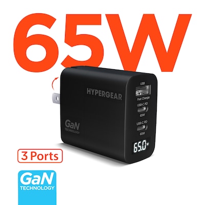 HyperGear SpeedBoost 65W 3-Port-USB GaN Charger, Black (16299)